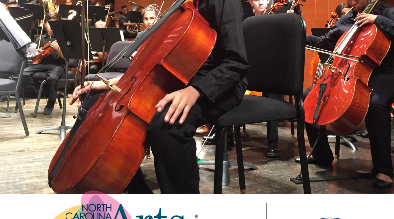 picture of a young man playing cello in a youth orchestra. At the bottom are teh NC Arts in Education Week logo and the Arts North Carolina logo.